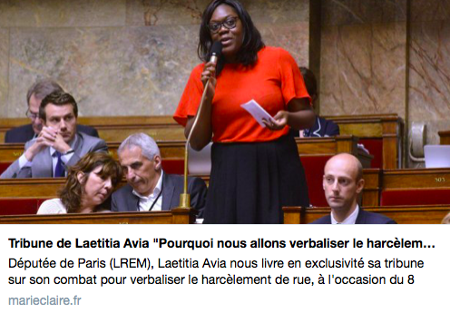 Tribune de Laetitia Avia sur la lutte contre le harcèlement de rue – Marie Claire – 07/03/18