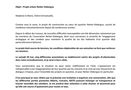 Soutien à l’association Netter-Debergue contre le projet urbain  : ma lettre à la maire du 12ème